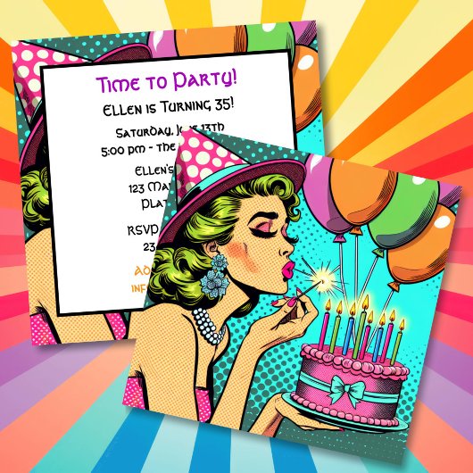 Invitation Retro Pop Art Femme tenant une fête d'anniversaire