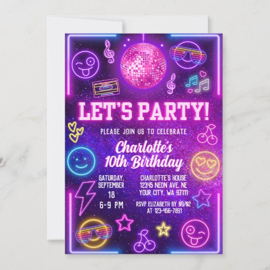 Invitation Retro Preppy Smile Y2K Face rose Neon Glow Party (Devant)