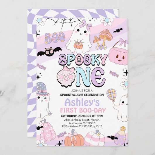 Invitation Retro Purple Girls Éffrayant Halloween 1er anniver (Devant / Derrière)