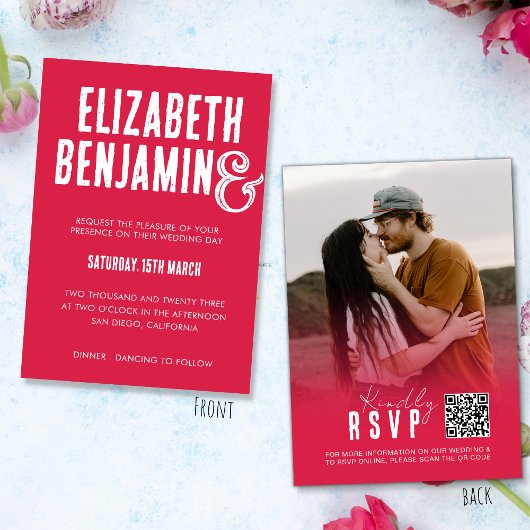 Invitation Retro QR Code RSVP Photo Magenta Mariage
