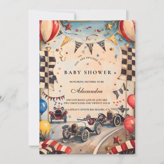 Invitation Retro Race Car Baby Shower (Devant)