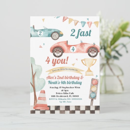 Invitation Retro Race Car Sibling Boys Anniversaire Invitatio (Debout devant)
