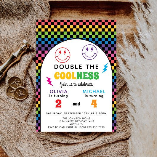 Invitation Retro Rainbow Double Celebration Joint Birthday