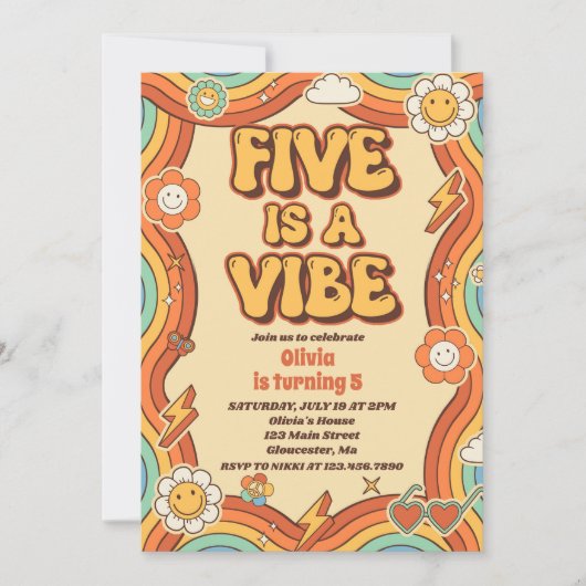 Invitation Retro Rainbow Five est un Vibe Super 5e anniversai (Devant)