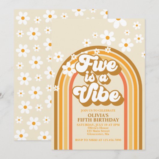 Invitation Retro Rainbow FIVE est une ambiance Groovy 5e anni (Devant / Derrière)
