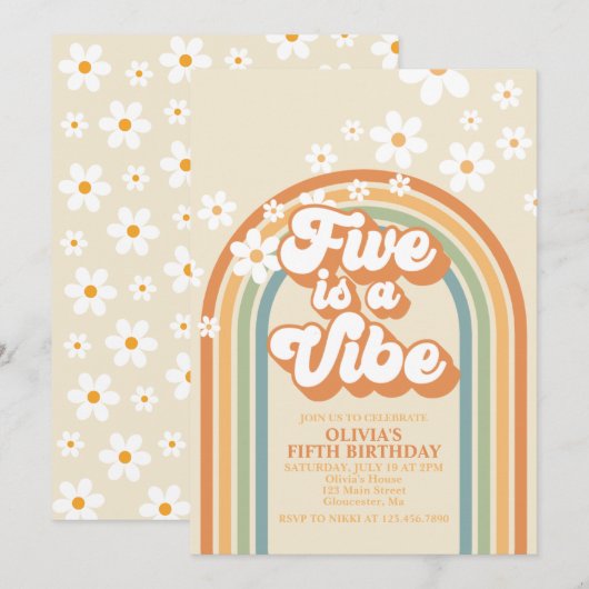 Invitation Retro Rainbow FIVE est une ambiance Groovy 5e anni (Devant / Derrière)