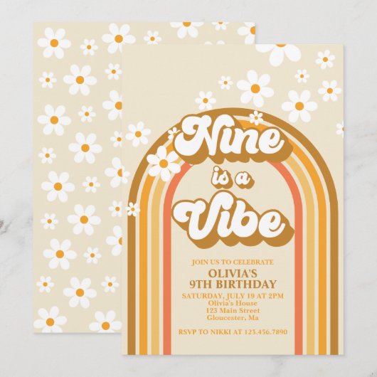 Invitation Retro Rainbow Nine est une Vibration Groovy 9e Ann (Devant / Derrière)