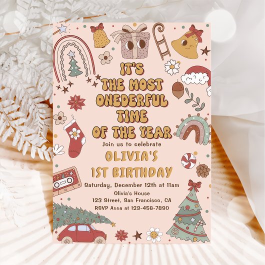 Invitation Retro Rainbow Onederful Noël 1er anniversaire