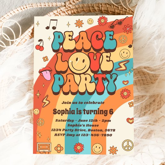 Invitation Retro Rainbow Peace Love Party 6e anniversaire