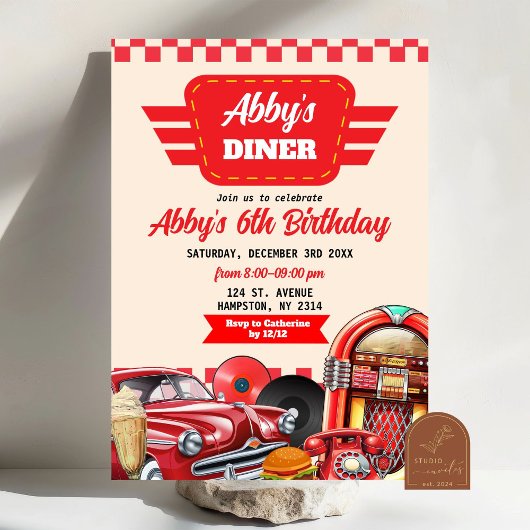 Invitation Retro Red Car 1950s Diner Party