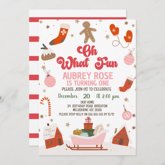 Invitation Retro Red Oh What Fun Noël 1er Anniversaire (Devant / Derrière)