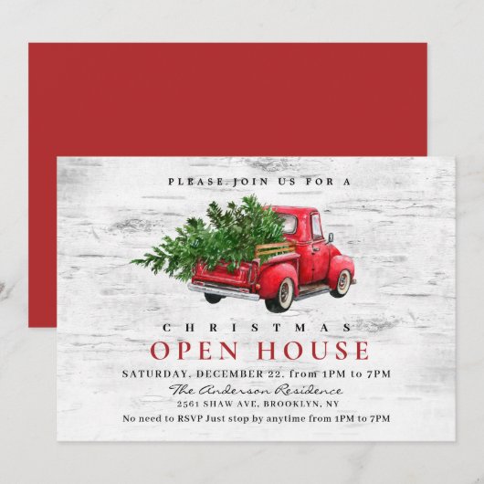 Invitation Retro Red Truck Birch Noël VACANCES OUVERTES MAISO (Devant / Derrière)
