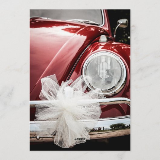 Invitation Retro Red VW Beetle Car White Bow Wedding Invitati (Dos)