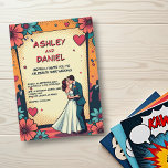Invitation Retro Romantic Bride et Groom Comic Mariage de liv<br><div class="desc">Cette élégante faire-part de mariage de style bande dessinée est parfaite pour un mariage moderne. Le design rétro présente une illustration vintage de mariée et de mariée et une calligraphie noire sur un arrière - plan à thème de bande dessinée.</div>