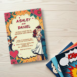 Invitation Retro Romantic Bride et Groom Comic Style Mariage<br><div class="desc">Cette élégante faire-part de mariage de style bande dessinée est parfaite pour un mariage moderne. Le design rétro présente une illustration vintage de mariée et de mariée et une calligraphie noire sur un arrière - plan à thème de bande dessinée.</div>