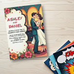 Invitation Retro Romantic Couple Dance Comic Style Mariage<br><div class="desc">Cette élégante faire-part de mariage de style bande dessinée est parfaite pour un mariage moderne. Le design rétro présente une illustration vintage de mariée et de mariée et une calligraphie noire sur un arrière - plan à thème de bande dessinée.</div>