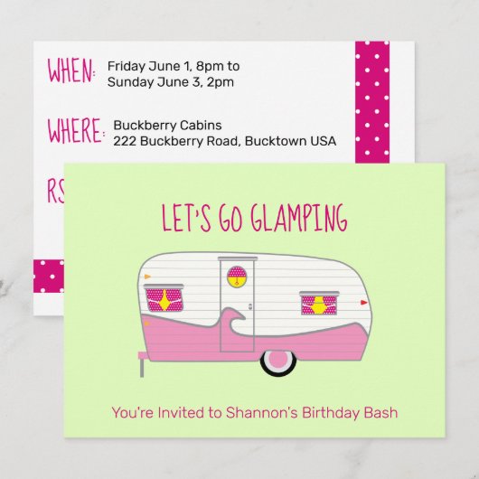 Invitation Rétro Rose Camping Car Canette Bouteillée Glamping (Devant / Derrière)