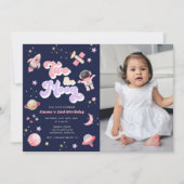 Invitation Retro rose deux l'espace lune Anniversaire (Devant)