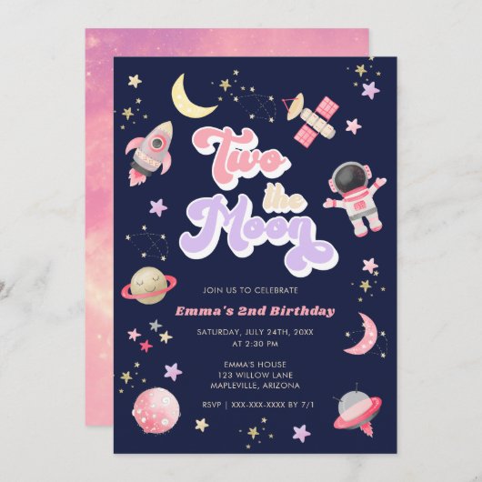 Invitation Retro rose deux l'espace lune Anniversaire (Devant / Derrière)