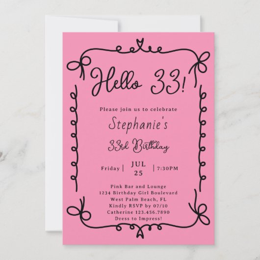 Invitation Rétro rose et noir manuscrit 33e fête d'anniversai (Devant)