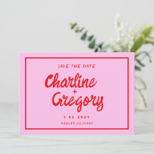 Invitation Rétro rose et rouge écriture manuscrite mariage En (Debout devant)