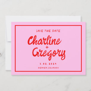Invitation Rétro rose et rouge écriture manuscrite mariage En