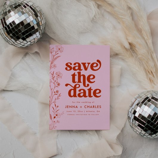 Invitation Retro Rose Et Rouge Floral Enregistrer La Date