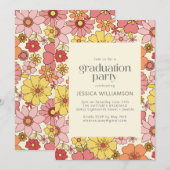 Invitation Retro rose jaune Floral Super fête de graduation (Devant / Derrière)