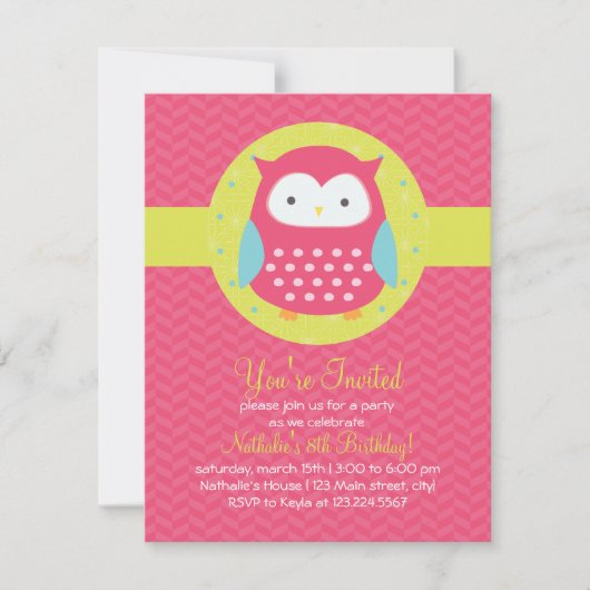 Invitation Rétro rose mignon de hibou et anniversaire Girly (Devant)