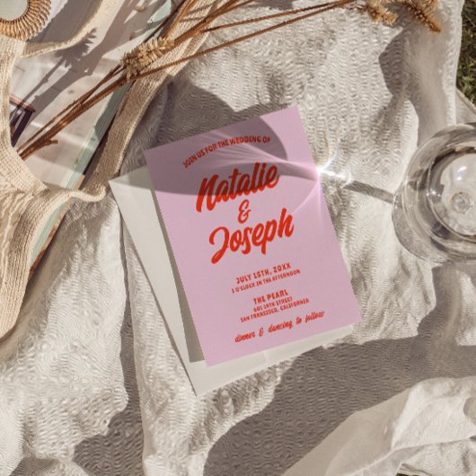 Invitation Rétro rose orange brillant Funky Mariage unique