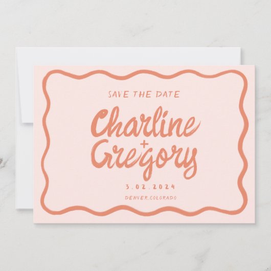 Invitation Retro rose Peachyécriture de mariage Enregistrer l (Devant)