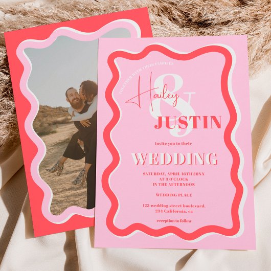 Invitation Retro rose rouge courbe squiggle ondulée photo mar