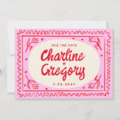 Invitation Rétro rose rouge écriture de mariage Enregistrer l (Devant)