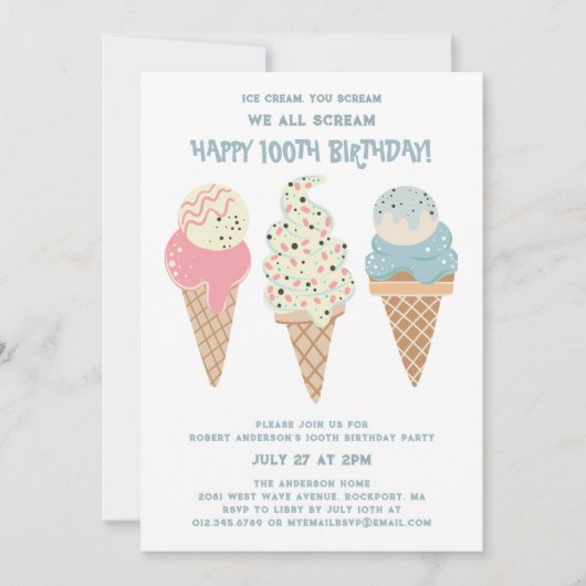 Invitation Retro Rouge Blanc Bleu Glace Cône 100e anniversair (Devant)