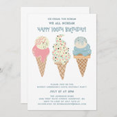 Invitation Retro Rouge Blanc Bleu Glace Cône 100e anniversair (Devant / Derrière)