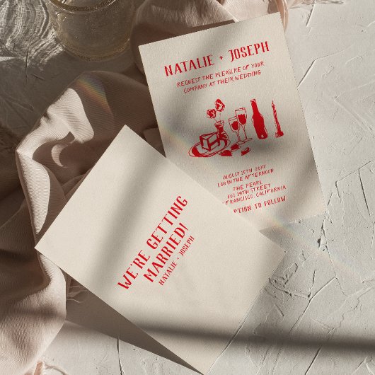 Invitation Retro Rouge main tiré Scribble Quirky Chic Mariage