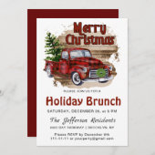 Invitation Retro Rustic Noël Camion Rouge Fête Brunch (Devant / Derrière)