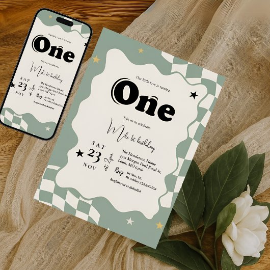 Invitation Retro Sage Green Checkered Groovy One 1st Birthday