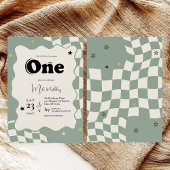 Invitation Retro Sage Green Checkered Groovy One 1st Birthday