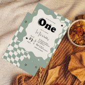 Invitation Retro Sage Green Checkered Groovy One 1st Birthday