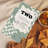 Invitation Retro Sage Green Checkered Groovy Two 2nd Birthday