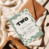 Invitation Retro Sage Green Checkered Groovy Two 2nd Birthday