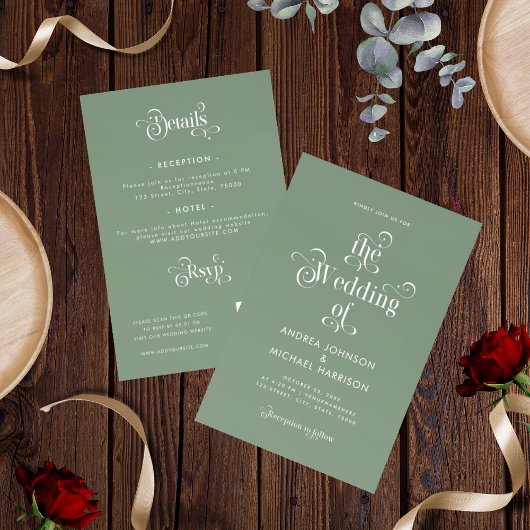 Invitation Retro Sage Moss Green All In One QR Code Mariage