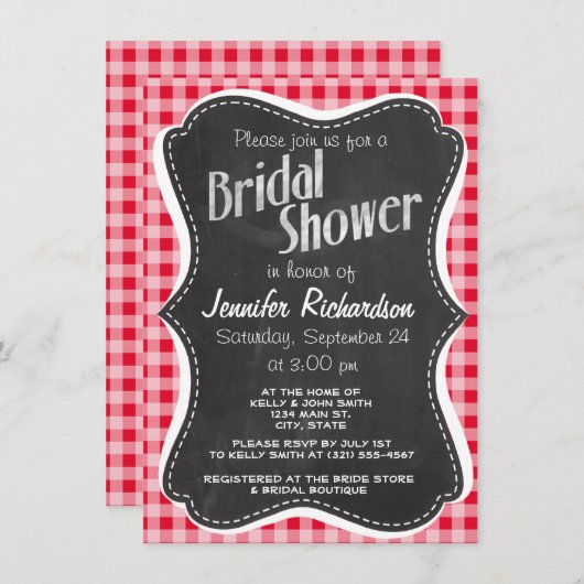 Invitation Retro Scarlet Red En vichy ; Chalboard look (Devant / Derrière)