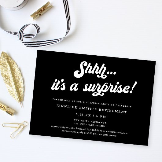 Invitation Retro Script Black Surprise Retirement Party
