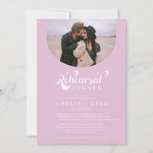 Invitation Retro script photo lilac rose dîner de répétition (Devant)