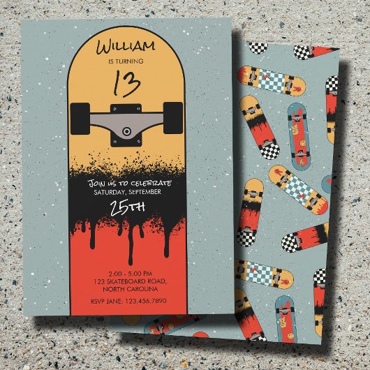 Invitation Retro Skateboard Blue Cool Skateboarder Anniversai