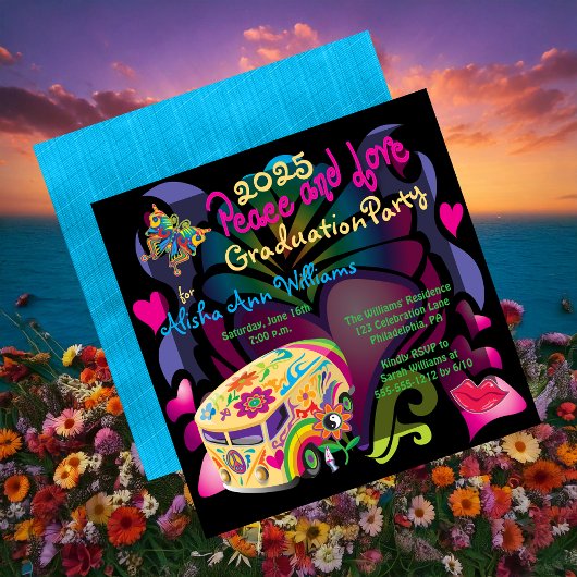 Invitation Retro Soixante ans Peace and Love Graduation