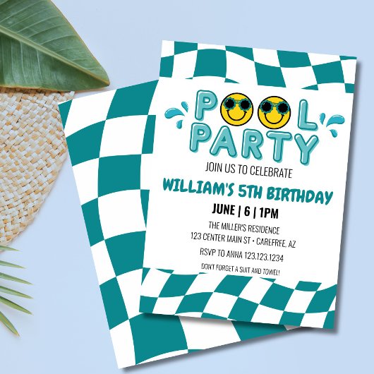 INVITATION RETRO SOURIRE FACE PISCINE FÊTE ANNIVERSAIRE