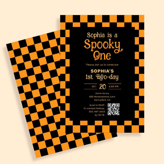 Invitation Retro Spooky One Checkered Orange 1st Birthday